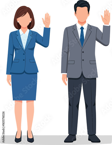Business professionals raising hands in agreement or testimony.