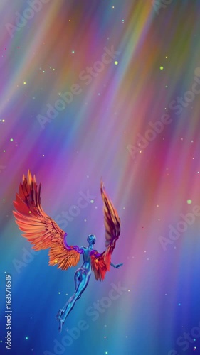 looped 3D animation. A divine angel hovering in the shining astral sky.