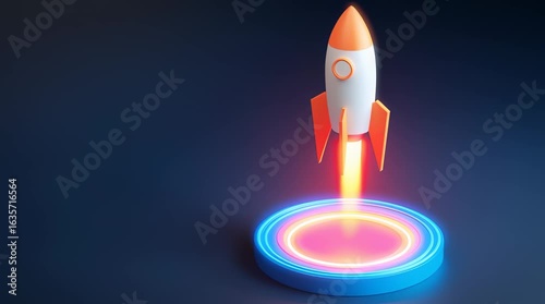 Vibrant Rocket Launch from Neon Platform Symbolizing Startup Incubation and Innovation with Glowing Technology
