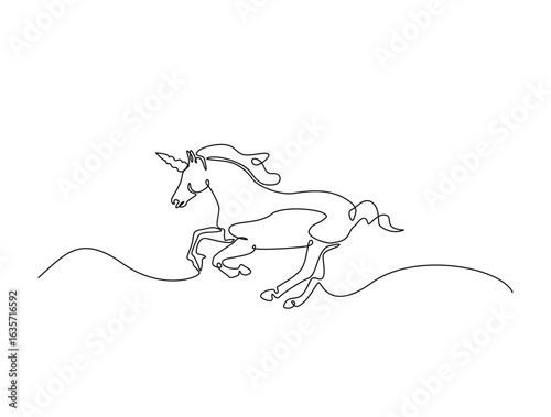 Continuous line art drawing of unicorn with horn. Unicorn in single line art drawing vector illustration. Editable stroke.