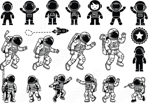 Collection of stylized astronaut figures in various poses and styles representing space exploration and science fiction adventures