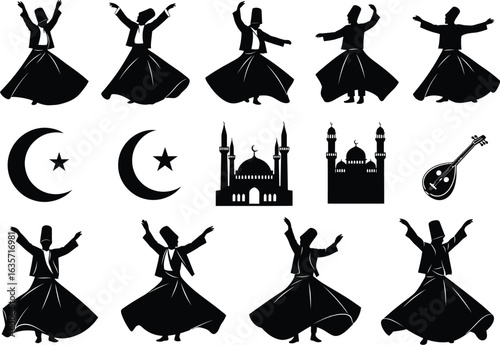 Silhouette collection of whirling dervishes performing sufi dance alongside islamic symbols and mosque architecture