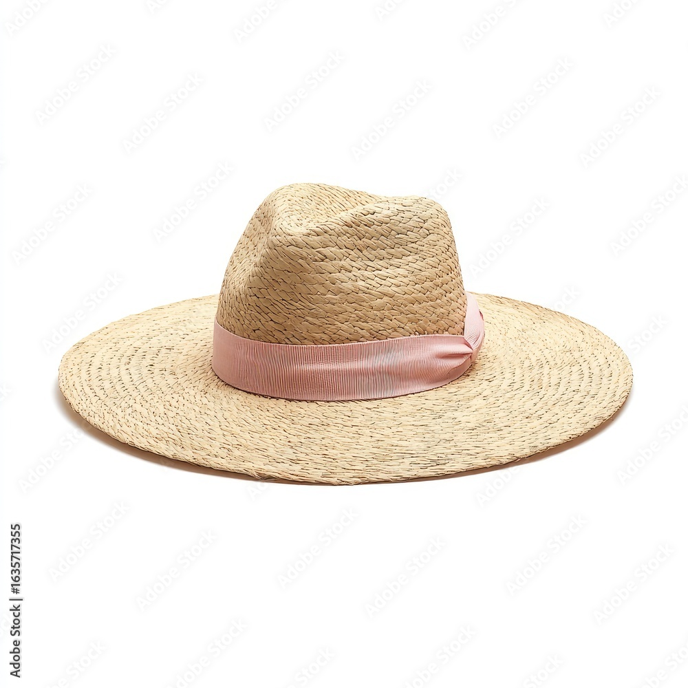 Light beige straw hat with a blush pink ribbon Light beige straw hat with a blush pink ribbon