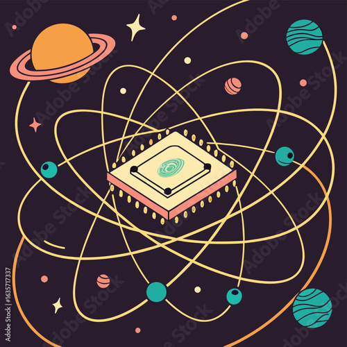 Isometric quantum computer chip with orbiting planets and stars in a dark cosmic background technology