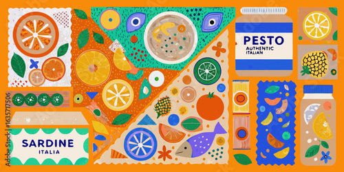 Vibrant italian food illustration with fruits vegetables and seafood