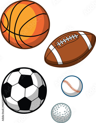Cartoon vector sports balls set — basketball, football, soccer ball, baseball, and golf ball clipart icons, athletic gear illustration, game equipment graphics, team sports ball design
