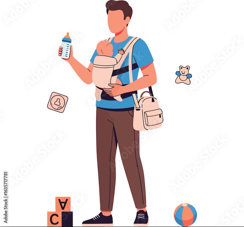 Father holding baby in carrier with milk bottle and diaper bag.