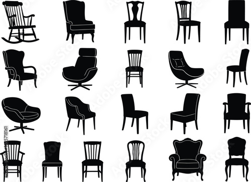 Collection of antique and vintage chairs in silhouette showcasing diverse styles from rocking chairs to ornate upholstered seating options