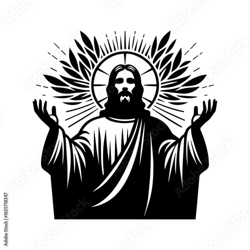 Beautiful black and white silhouette of Jesus Christ in glory pose, symbolizing hope, blessing, light, and eternal faith