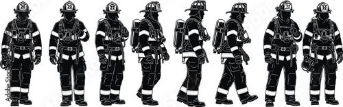 Vector illustration of firefighter silhouettes in uniform and gear, professional fireman poses for emergency services, safety training, rescue operation, and fire department design