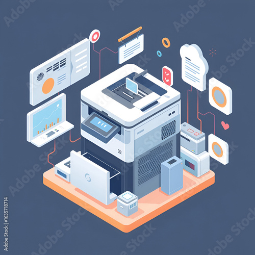 Technology copier big isometric illustration concept