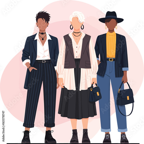 Three stylish women in fashionable outfits standing together.