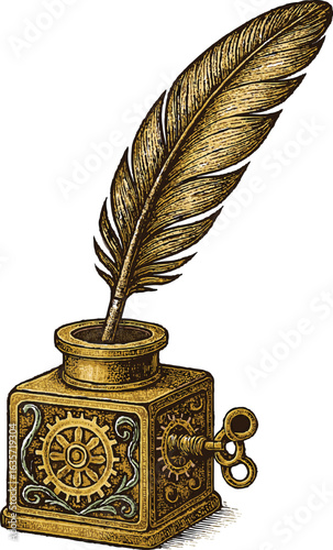 Vintage illustration of an antique writing set with a feather quill pen, inkwell, and old paper