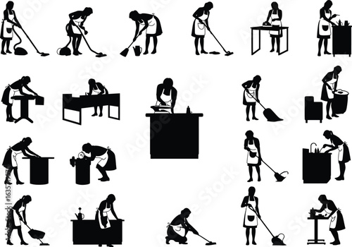 Collection of diverse black silhouettes depicting women engaged in various cleaning activities with brooms mops and dustpans