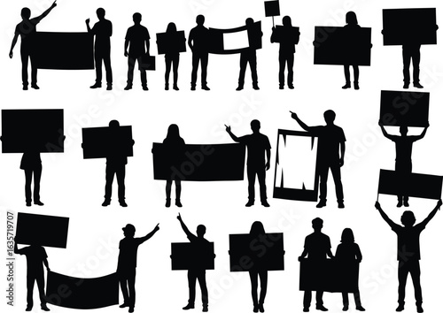 Diverse group of people silhouetted holding blank signs and banners at a protest or demonstration event