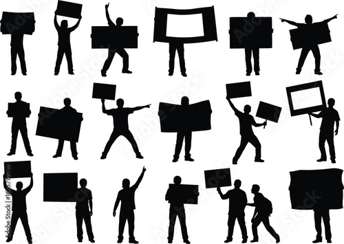 Diverse group of silhouetted protestors holding blank signs and banners during a demonstration or rally in solidarity