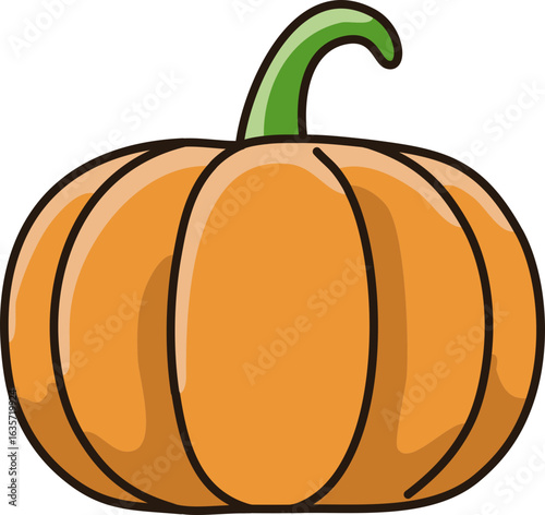 A plump orange cartoon pumpkin with a distinct, curved green stem.
