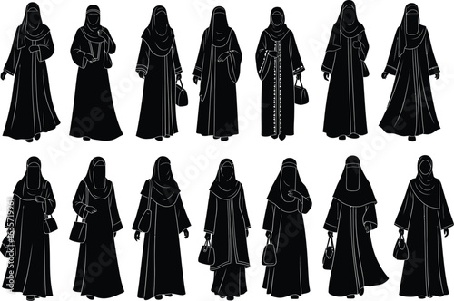Collection of diverse silhouettes of women wearing traditional islamic abayas and hijabs in various poses holding handbags