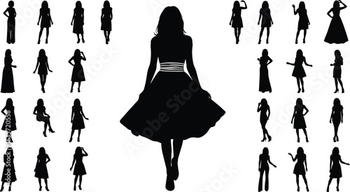 Vector silhouette illustration of women in various fashion poses, female figure templates in dresses, walking and standing positions for design, modeling, and apparel projects