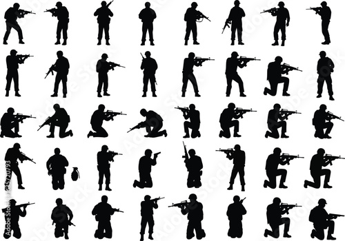 Collection of silhouetted soldiers in various combat poses and military actions against a white background