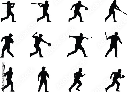 Wallpaper Mural Collection of dynamic black silhouettes of baseball players in various action poses on a clean white background with reflections Torontodigital.ca