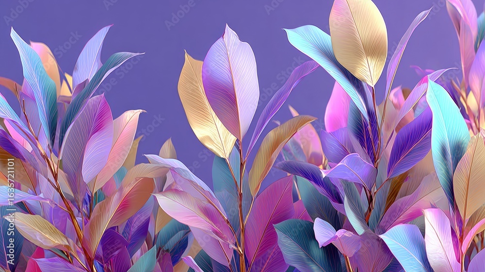 Fototapeta premium Vibrant, multicolored leaves in a lush arrangement against a vibrant purple background