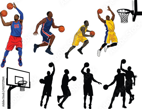 Dynamic basketball players in action silhouettes showcasing dribbling shooting dunking and passing during a game