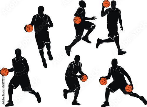 Dynamic silhouettes of basketball players in action dribbling and shooting on a white background illustrating athleticism and sport