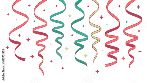 Twisted Colorful Party Streamers in Red, Teal, Lime Green, and Hot Pink – Vector Art and PNG Clip Art for Festive Decoration and Celebration Design