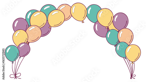 Glossy Balloon Arch Frame in Yellow, Purple, Teal, and Peach – Decorative Vector Art and PNG Clip Art for Party Entrances and Photo Backdrops