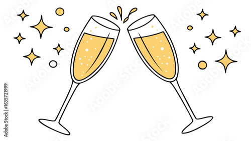 Clinking Champagne Flute Glasses with Golden Liquid, Star-Shaped Splashes, and Glitter – Elegant New Year Vector Art and PNG Clip Art