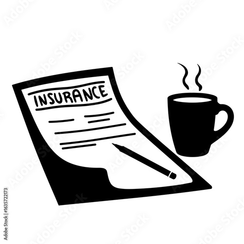 Silhouette of insurance policy with pen and coffee cup, symbolizing client comfort and daily life integration
