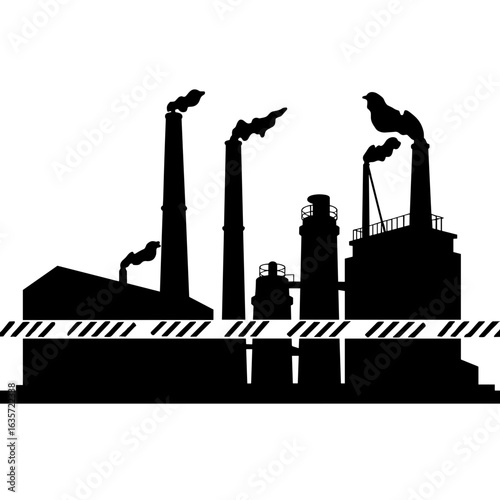 Silhouette of industrial factory with restricted zone tape, air pollution and emission control