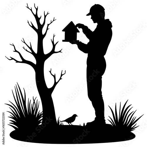 Silhouette of person installing birdhouse in restored area, ecosystem support and wildlife encouragement