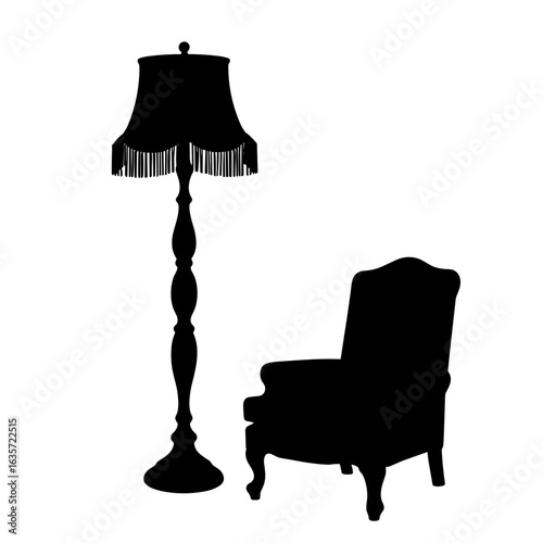 Silhouette of vintage lamp and armchair, classic home decor and nostalgia