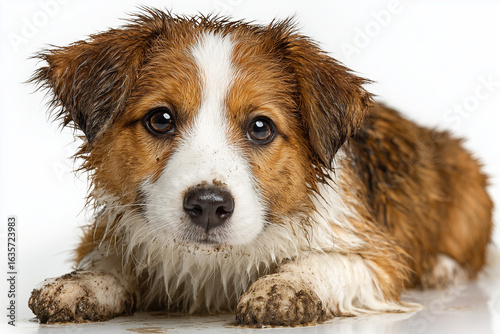 Selective focus naughty dog with mud isolated on white background, Portrait of dirty dog on white, Hungry and fatigue stray dog.