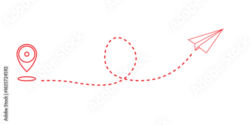 Minimalist flat design of paper airplane trajectory with dashed line, red dots, and location pin icon