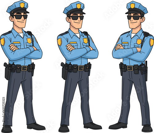 Three cartoon police officers standing confidently, uniformed law enforcement characters with sunglasses and arms crossed, vector illustration for security, patrol, safety, and authority themes