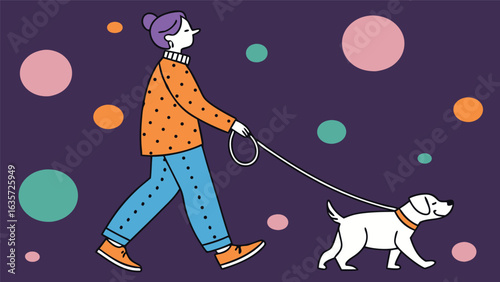 A woman is walking her dog at night, enjoying the peacefulness of the evening and the companionship of her furry friend in this illustration