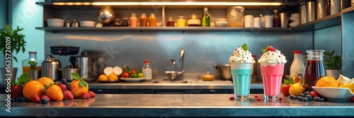 Wallpaper Mural A stainless steel shake kitchen, gleaming under bright lights, displays various milkshake ingredients and equipment, ready for blending delicious frozen treats , smoothie, dairy Torontodigital.ca