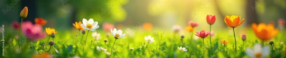 Obraz premium A vibrant display of fresh spring blooms in a lush green meadow, sunlight filtering through the leaves Perfect for nature, springtime, and renewal themes , wildflowers, blossoms, sunlight