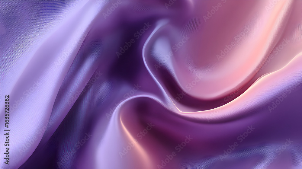 Fototapeta premium Abstract waves of purple silk luxurious fabric shimmering with soft light a flowing modern design that offers a gentle romantic ethereal gradient background perfect for various