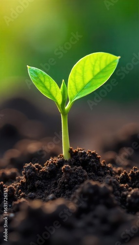 A vibrant close-up of a sprouting seed pushing through rich soil, symbolizing the powerful process of new life emerging from the earth and the concept of evolution , rebirth, still life