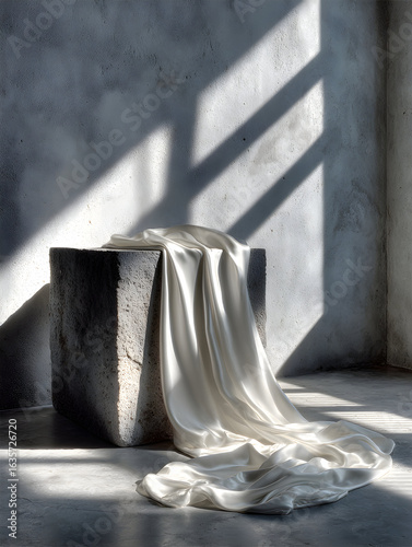 Elegant white silk draped over rough stone pedestal with dramatic light and shadow