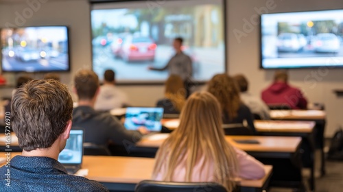 Engaging Classroom Environment with Students Observing a Presentation on Traffic Concepts and Instructor Demonstrating Concepts in Modern Learning Space