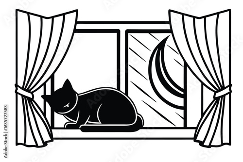 Sleeping cat silhouette on window sill