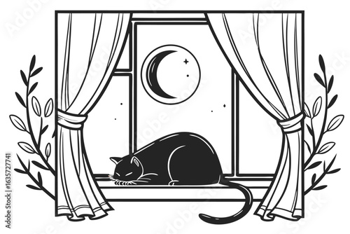 Silhouette of a cat sleeping on a window sill