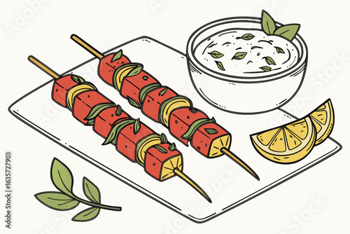 Illustration of two skewers with red cubes and yellow slices served with sauce and lemon wedges on a plate