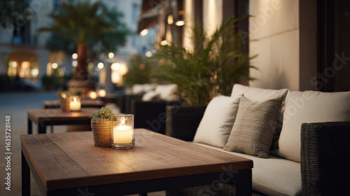 modern stylish outdoor cafe setup featuring intimate seating areas with cozy cushions and flickering candles on
