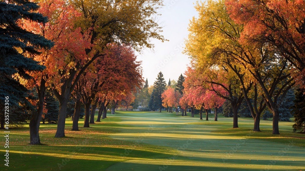 Fototapeta premium Tranquil Autumn Golf Course Landscape with Vibrant Fall Foliage and Serene Green Fairway under Soft Morning Light